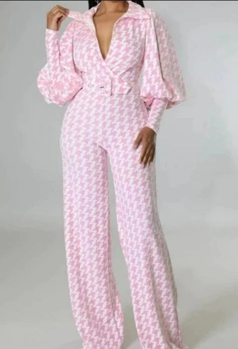 Houndstooth Jumpsuit Light Pink